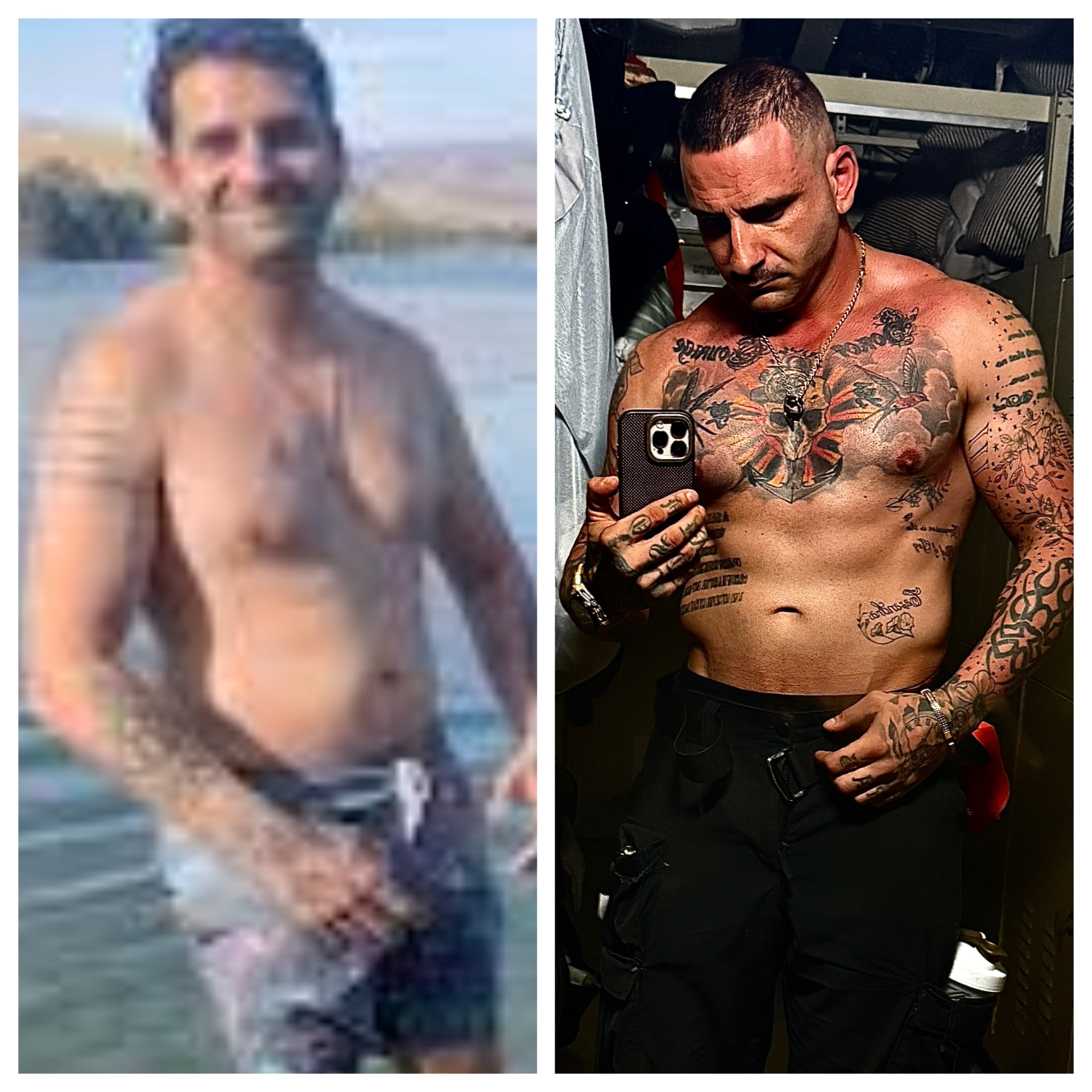 Coach Michael Fanton before and after transformation aboard ship