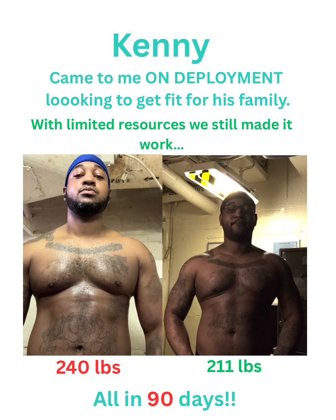 Kenny before and after, 240 lbs down to 211 lbs in 90 days while on deployment