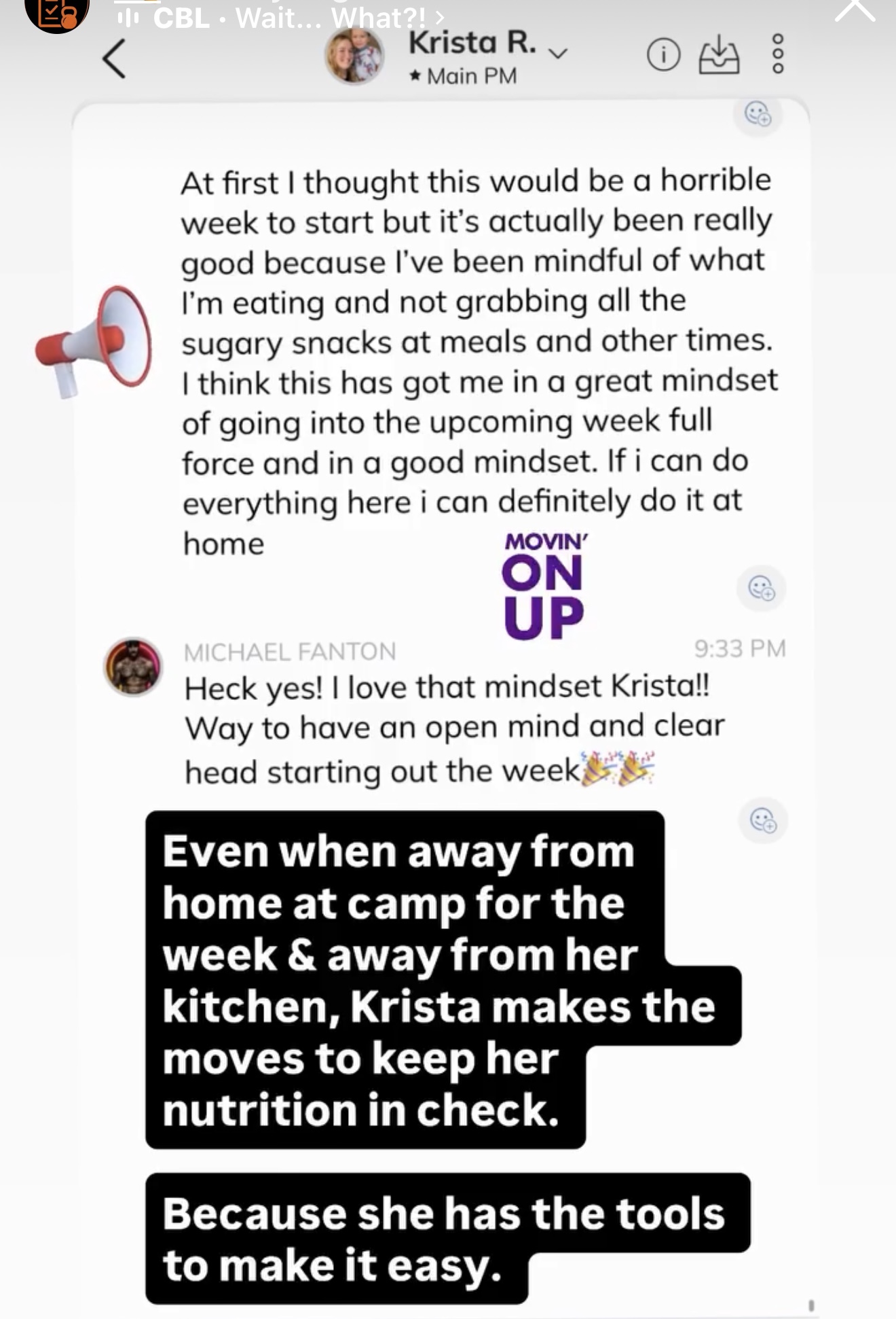 Client message about staying on nutrition while away at camp