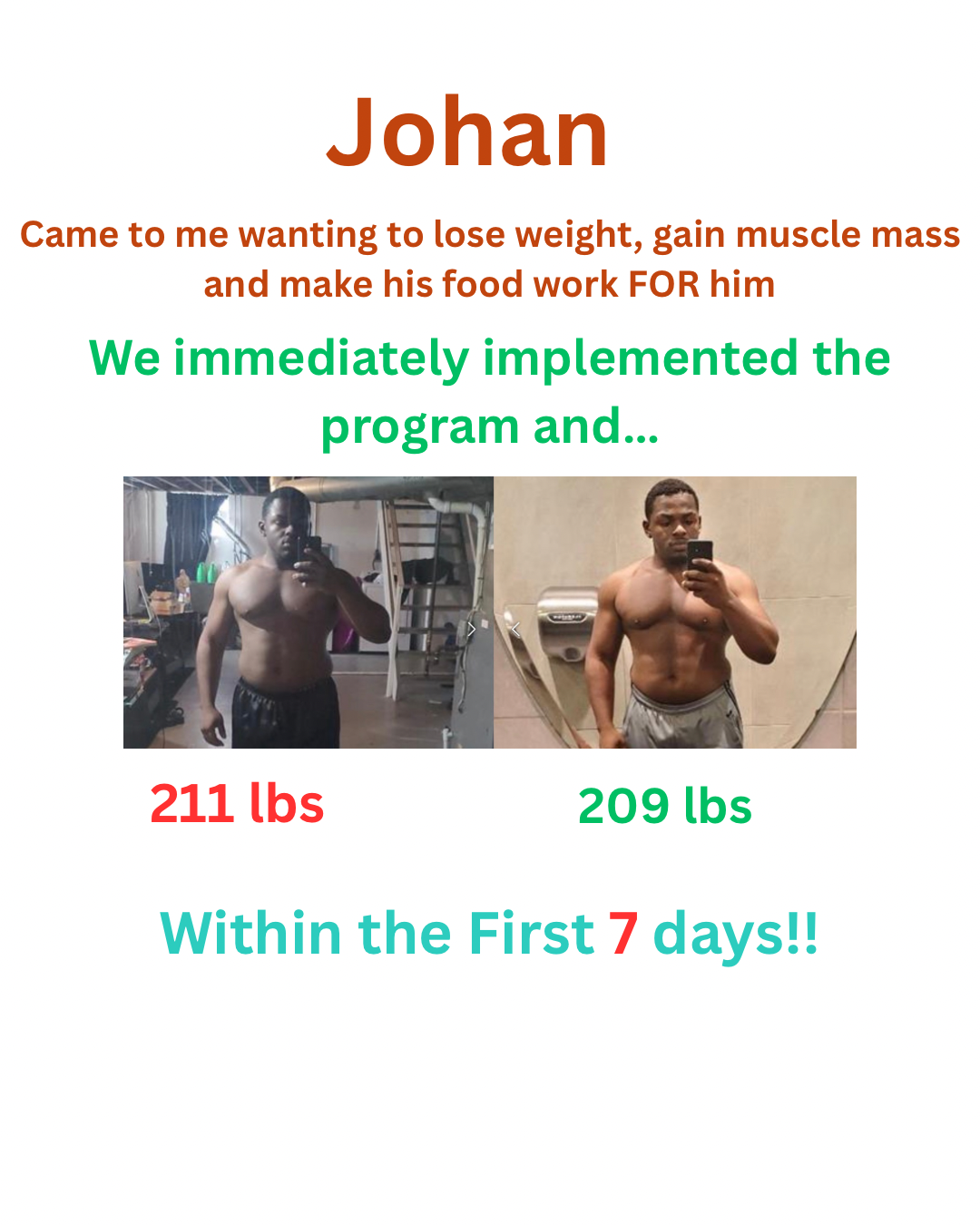 Johan before and after, 211 lbs down to 209 lbs in the first 7 days while building muscle