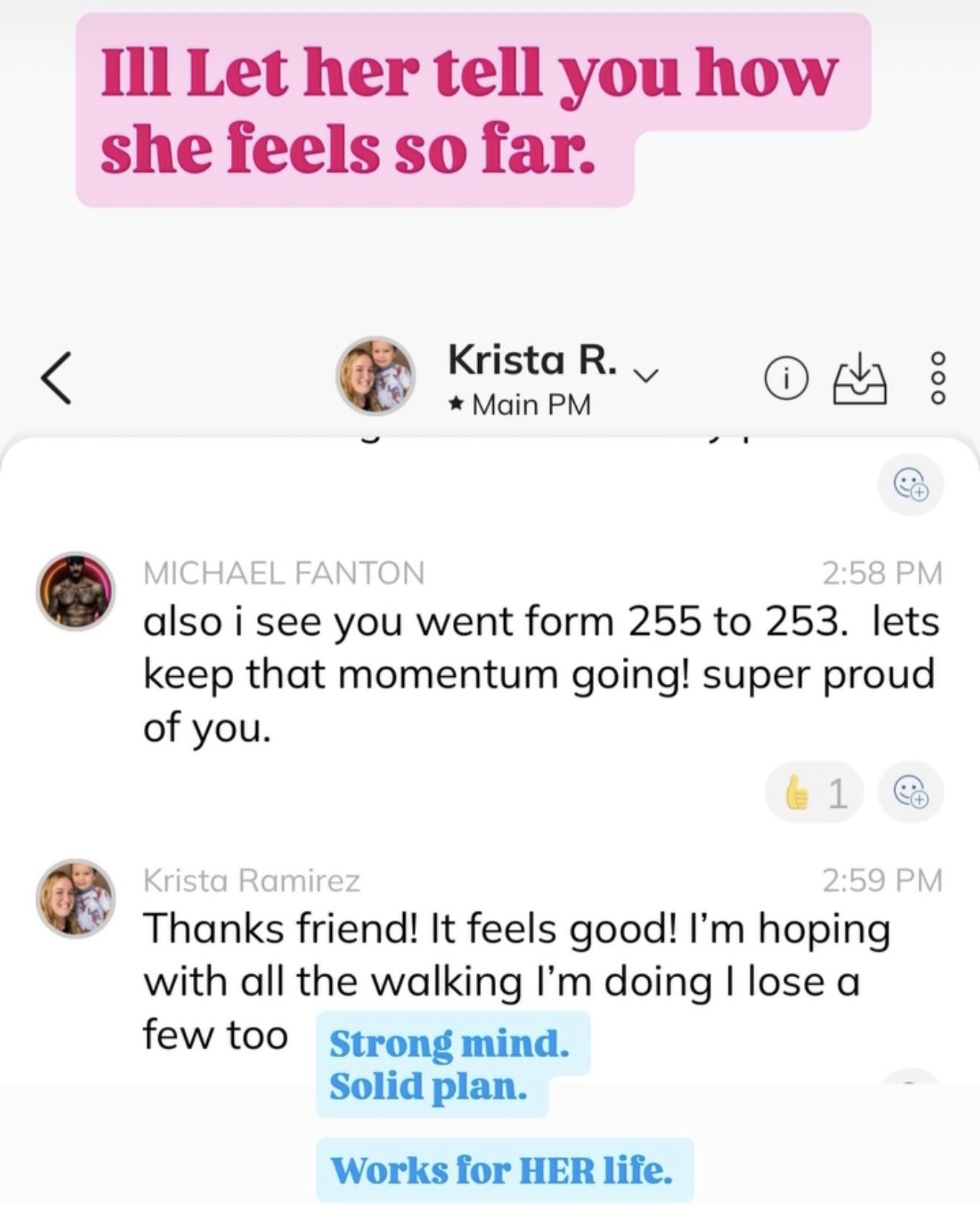 Client message: it feels good, down from 255 to 253