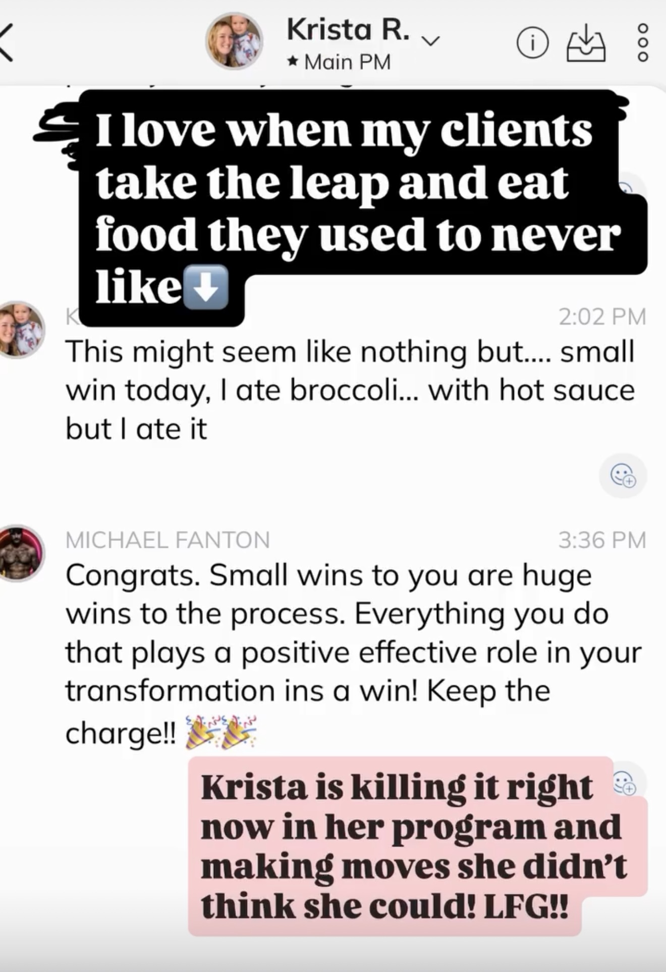 Client message about a small win eating broccoli and staying on plan