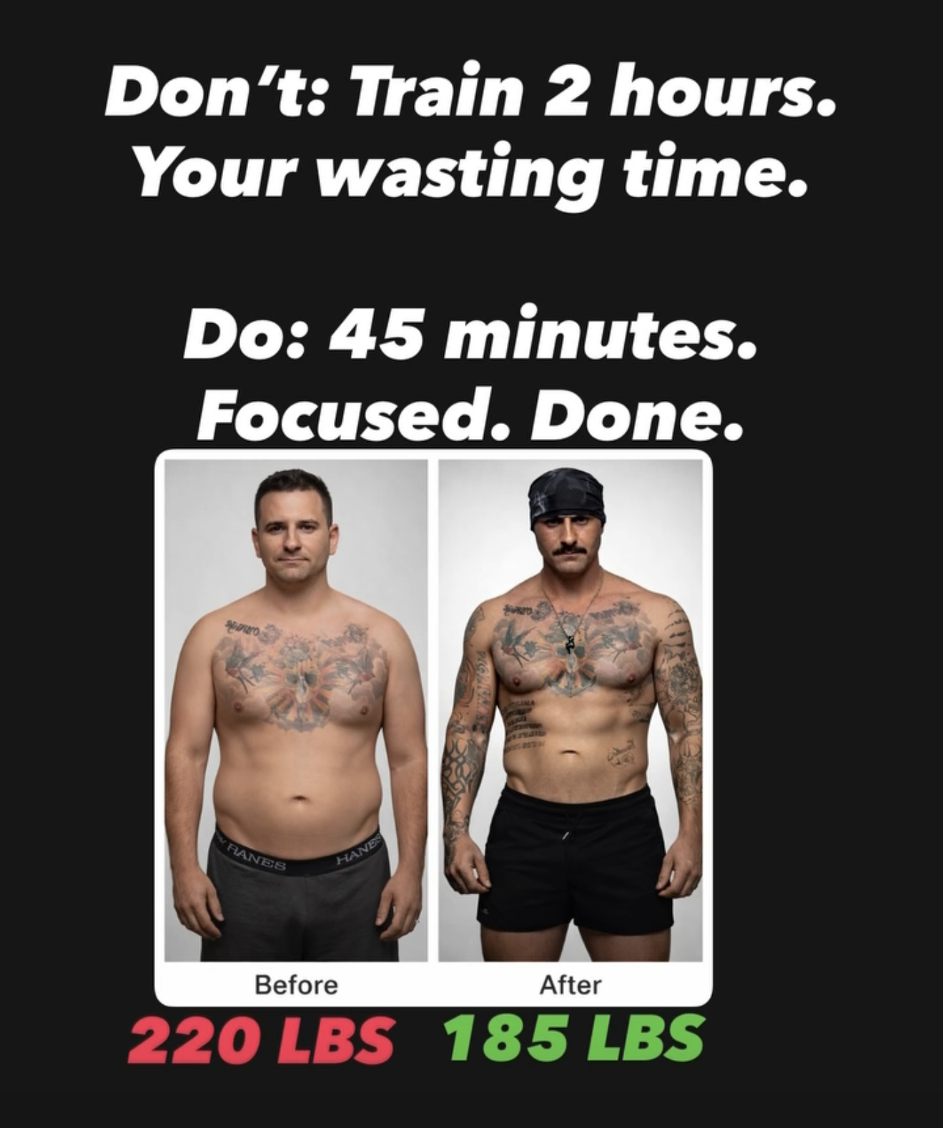 Client before and after, 220 lbs down to 185 lbs training 45 minutes a day