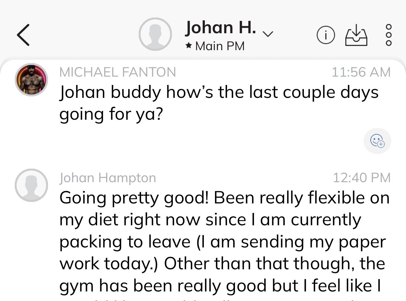 Client check-in message about staying flexible with diet while packing to leave