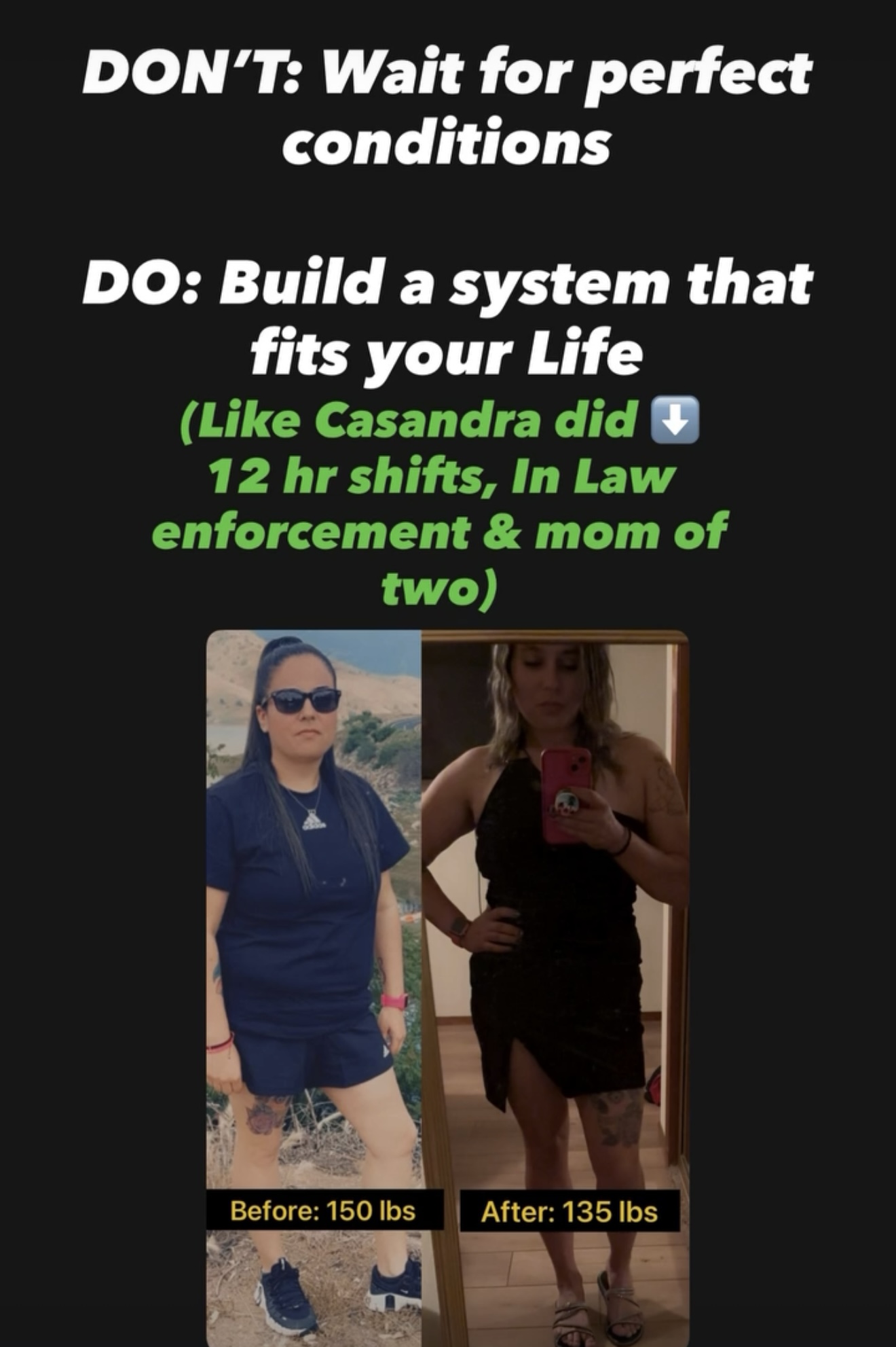 Casandra before and after, 150 lbs down to 135 lbs on 12 hour shifts as a mom of two